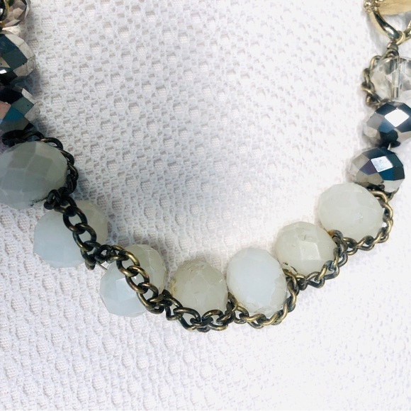 Statement Necklace Mixed Bead Links and Chain Silvertone and Ivory White - Picture 7 of 15